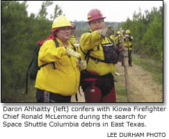 Daron Ahhaitty (left) confers with Kiowa Firefighter Chief Ronald McLemore